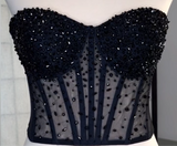 Black pearls crystals beaded sheer tulle corset bustier top