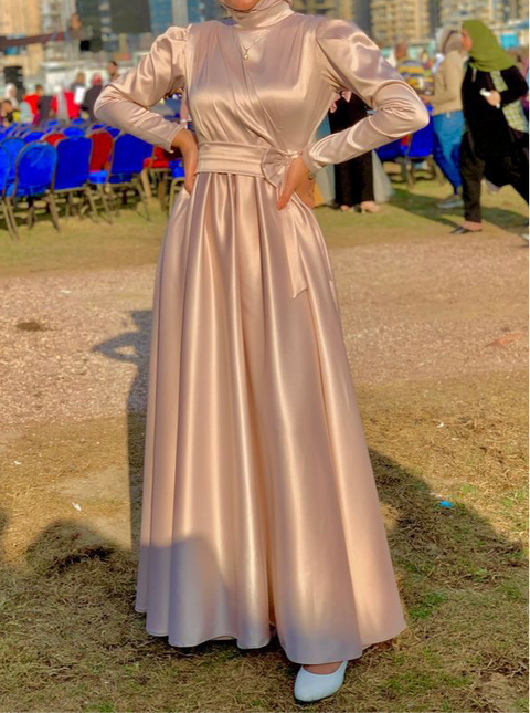 Blush matte satin long sleeves a line prom maxi dress graduation dress –  Anna's Couture Dresses