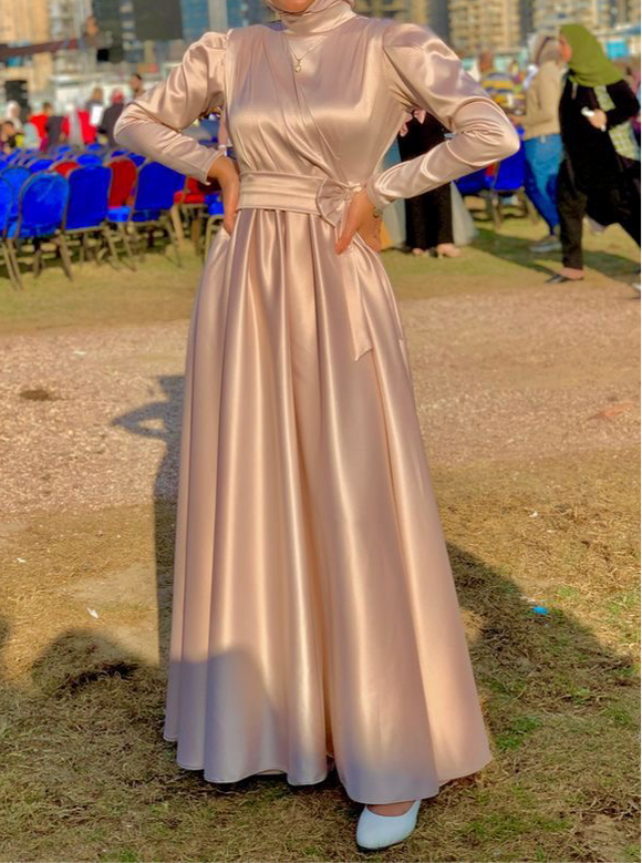 Blush matte satin long sleeves a line prom maxi dress graduation dress muslim fashion 2025