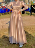 Champagne beige blush matte satin long sleeves a line prom maxi dress graduation dress muslim fashion 2024