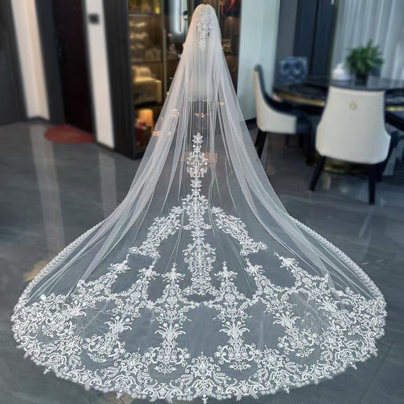 Charming lace appliqués bridal wedding veil at chapel cathedral length (3 meters )