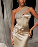 Simple rose gold satin mermaid prom dress 2026