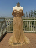 Chic and trendy off shoulder mermaid wedding dress,crystals rhinestones pearls beaded,champagne gold color,custom made