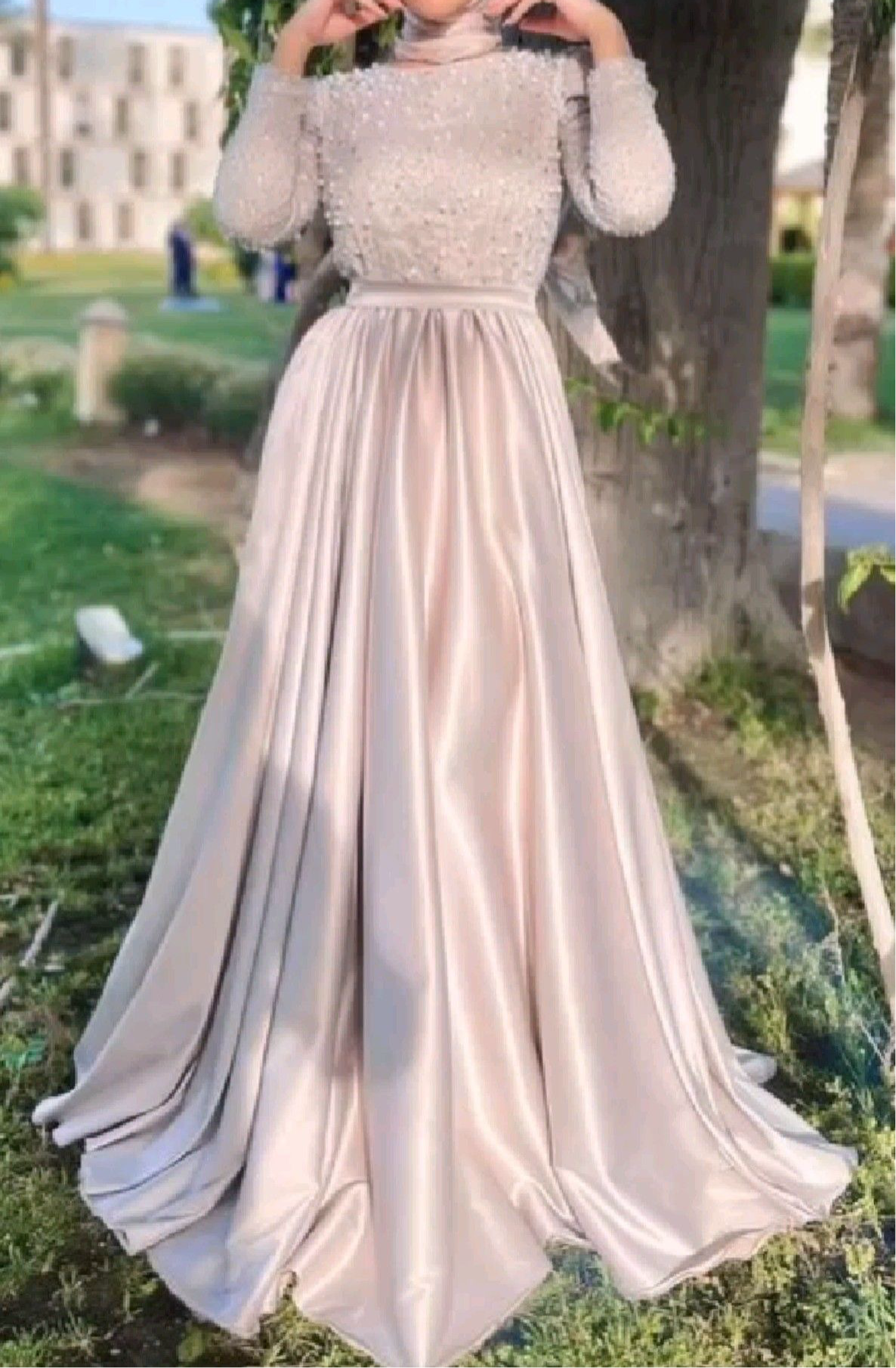 Blush pink champagne gold matte satin long sleeves prom maxi dress wit –  Anna's Couture Dresses