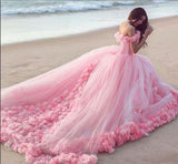 Timeless puffy skirt princess prom dress ,tulle ball gown with rose petals on the bottom