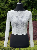 High couture custom-designed appliqués bodice jacket with crystals pearls beaded long bell sleeves for bride