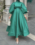 Matte satin tea length burgundy emerald green beige black navy long sleeves a line tulle prom maxi dress muslim fashion 2024