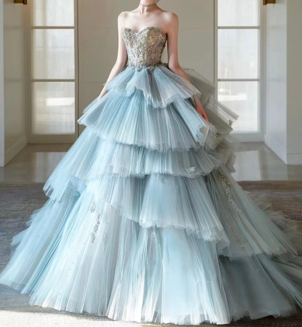 Chic crystals rhinestones beaded layered princess fairytale prom dress ,ice blue puffy prom dress 2024