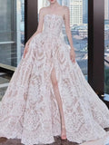 Chic style corset bodice slit lace ball gown wedding dress,off white bridal gown 2026 sweeping train