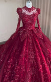 Luxury handmade crystals rhinestones pearls beaded long sleeve dark red lace appliqués vintage style wedding ball gown prom quinceanera dresses 2024