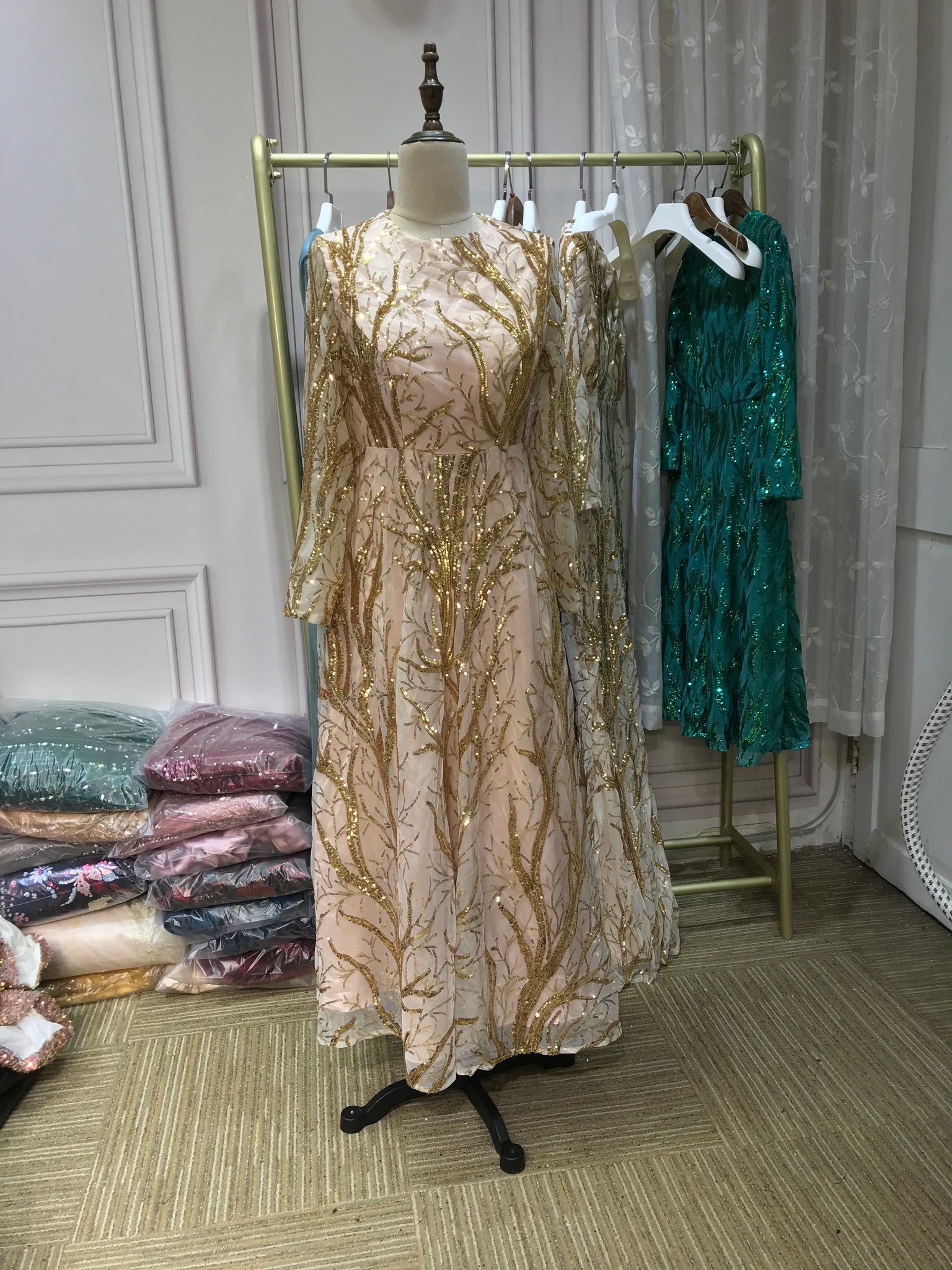Gold sequins round neck long sleeves tea length formal prom dresses fo Anna's Couture Dresses Gold sequins round neck long sleeves tea length formal prom dresses fo Anna's Couture Dresses