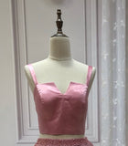 Chic pearls beaded top and skirt separated dusty pink two pieces prom dress