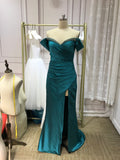 Chic and sexy off shoulder slit skirt peacock blue silk with some beads prom dresses