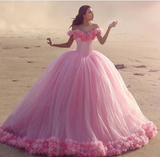 Timeless puffy skirt princess prom dress ,tulle ball gown with rose petals on the bottom
