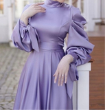 Matte satin lilac long sleeves a line prom maxi dress muslim fashion 2024