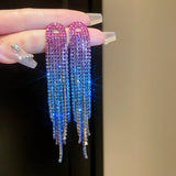 Ice blue gradient crystals metal alloy drop tassels long earrings in sets