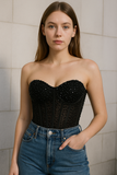 Sexy black pearls crystals beaded sheer tulle corset bustier top
