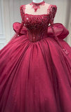 Luxury handmade crystals rhinestones pearls beaded long sleeve dark red wedding ball gown prom quinceanera dresses 2024