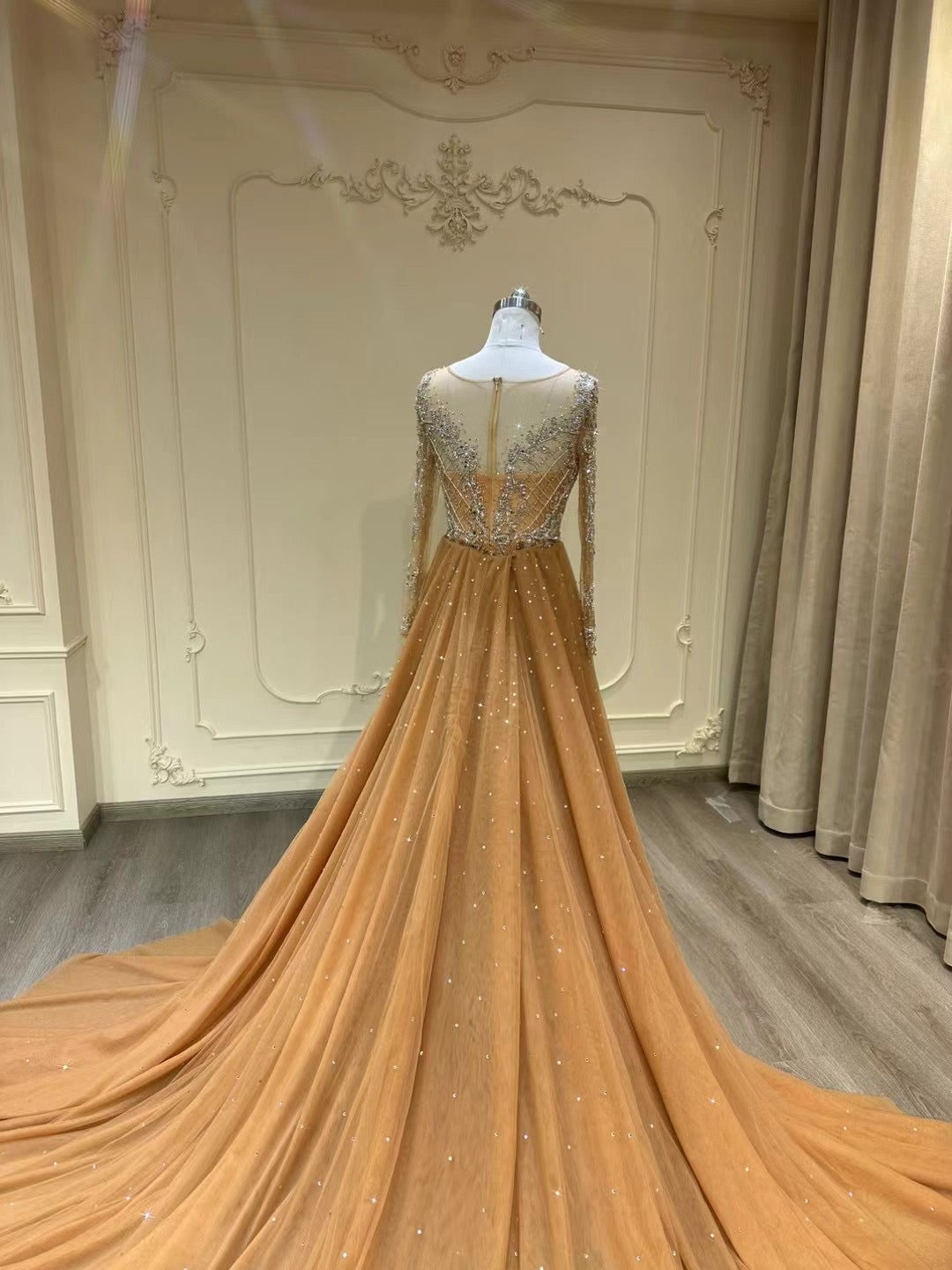 Sexy long sleeves sheer nude tulle mermaid removable train wedding dre Anna's Couture Dresses Sexy long sleeves sheer nude tulle mermaid removable train wedding dre Anna's Couture Dresses