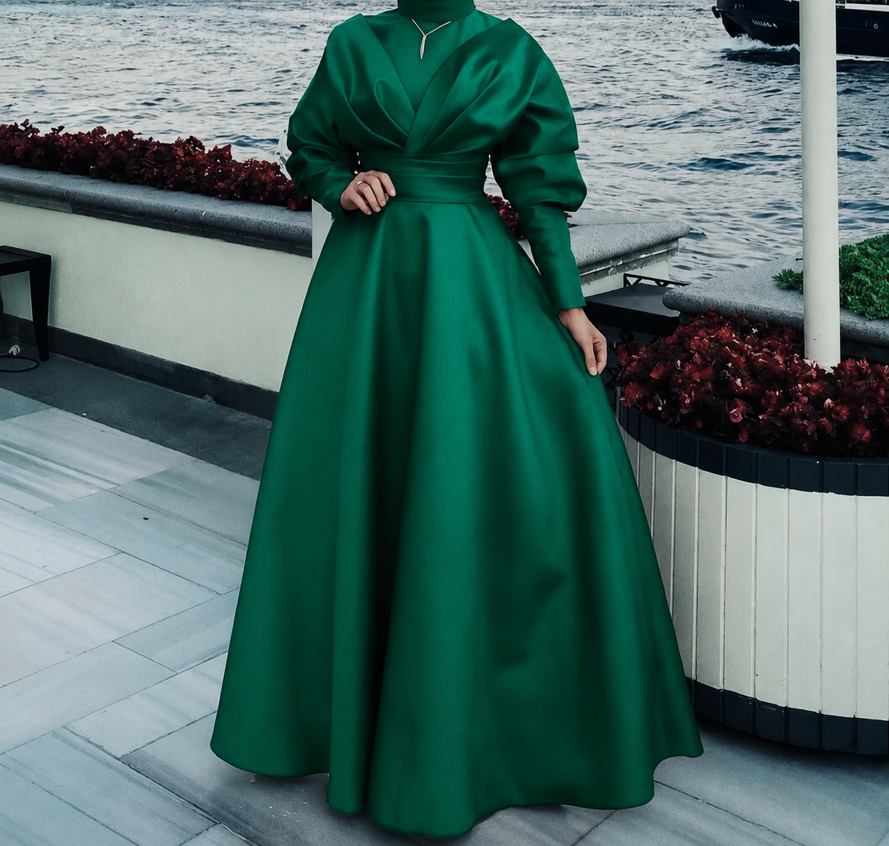 satin emerald green dress long sleeve emerald green dress long sleeve Long Open Sleeve Satin Formal Mother of the Bride Dress The Dress Outlet