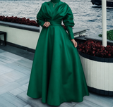 Matte satin tea length burgundy emerald green beige black navy long sleeves maxi prom dress for muslim fashion wedding occasions