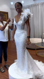 Customization high couture fully beaded trumpet skirt mermaid wedding dress with florals and tassels on the top of shoulder