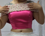 Off shoulder pearls crystals rhinestones beaded hot pink crop top