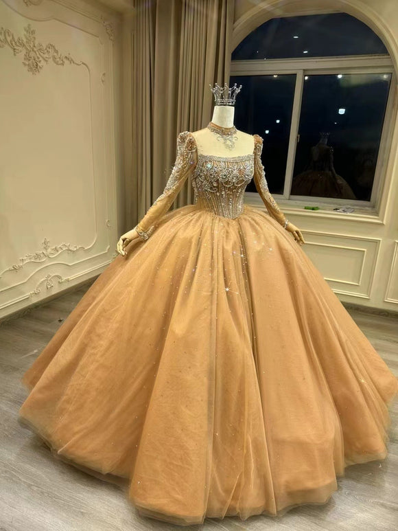 Chic nude color long sleeves high collar rhinestones crystals pearls b Anna's Couture Dresses Chic nude color long sleeves high collar rhinestones crystals pearls b Anna's Couture Dresses
