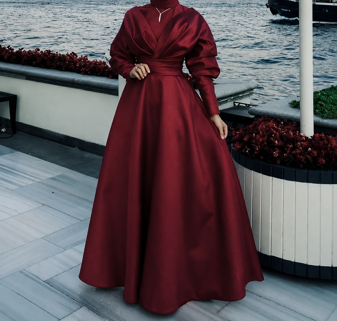 Matte satin tea length burgundy emerald green beige black navy long sl – Anna's Couture Dresses