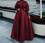 Matte satin tea length burgundy emerald green beige black navy long sleeves maxi prom dress for muslim fashion wedding occasions