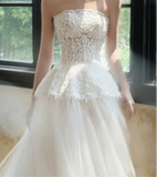 Vintage Lace appliqués bodice peplum jacket with crystals pearls beaded for bride, removable lace sleeves