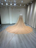 Sexy long sleeves sheer nude tulle mermaid removable train wedding dress,long sleeves prom couture prom dresses with handmade beaded rhinestones crystals,detachable mermaid engagement prom champagne dresses 2024