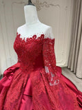 Off shoulder burgundy red lace appliqués rhinestones crystals sequins beaded wedding ball gown prom dress with match burgundy lace veil 2024