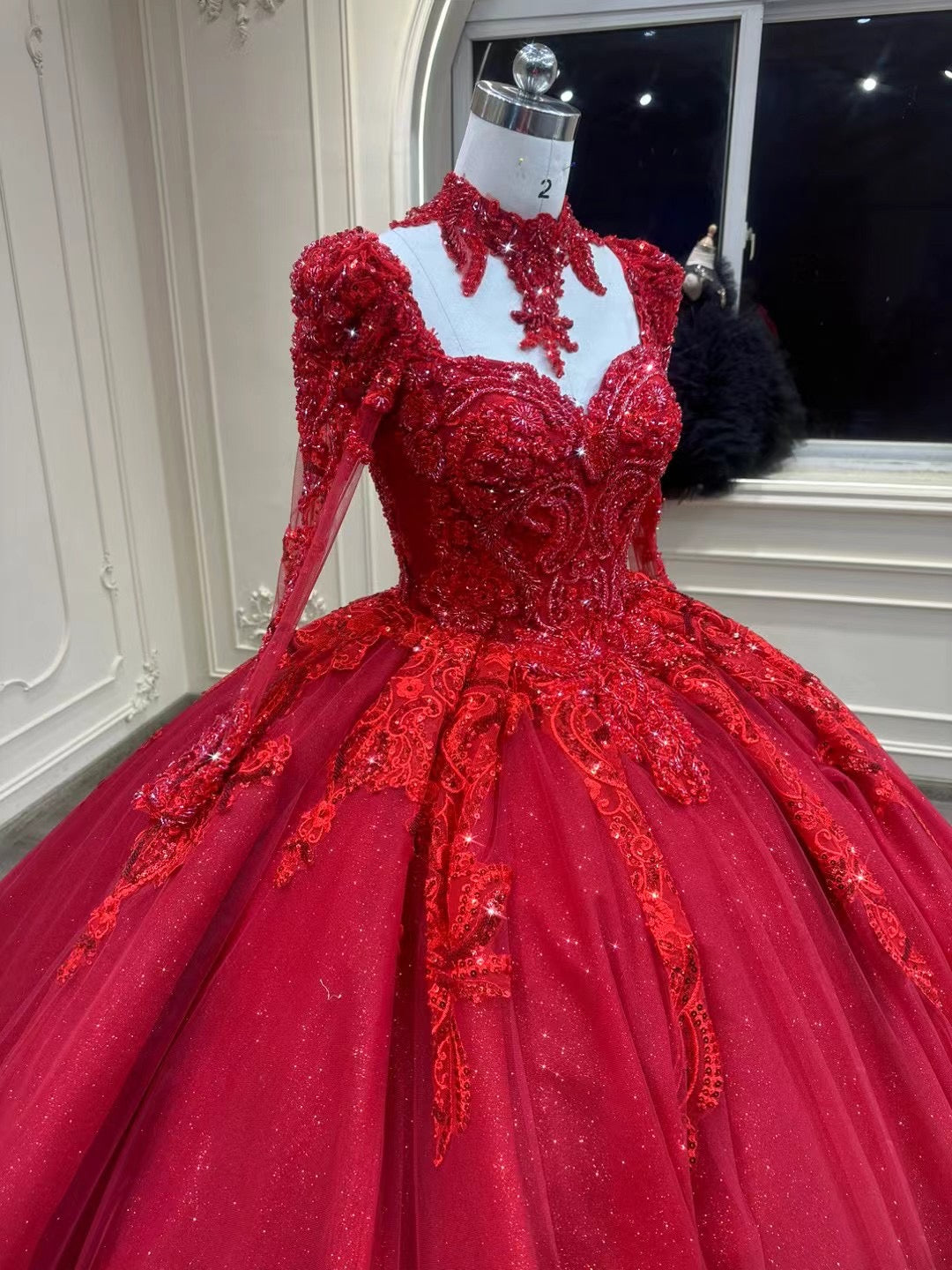 Chic long sleeve dark red lace appliqués rhinestones crystals sequins – Anna's Couture Dresses