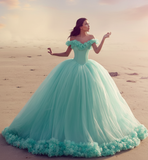 Timeless puffy skirt princess prom dress ,tulle ball gown with rose petals on the bottom