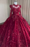 Luxury handmade crystals rhinestones pearls beaded long sleeve dark red lace appliqués vintage style wedding ball gown prom quinceanera dresses 2024