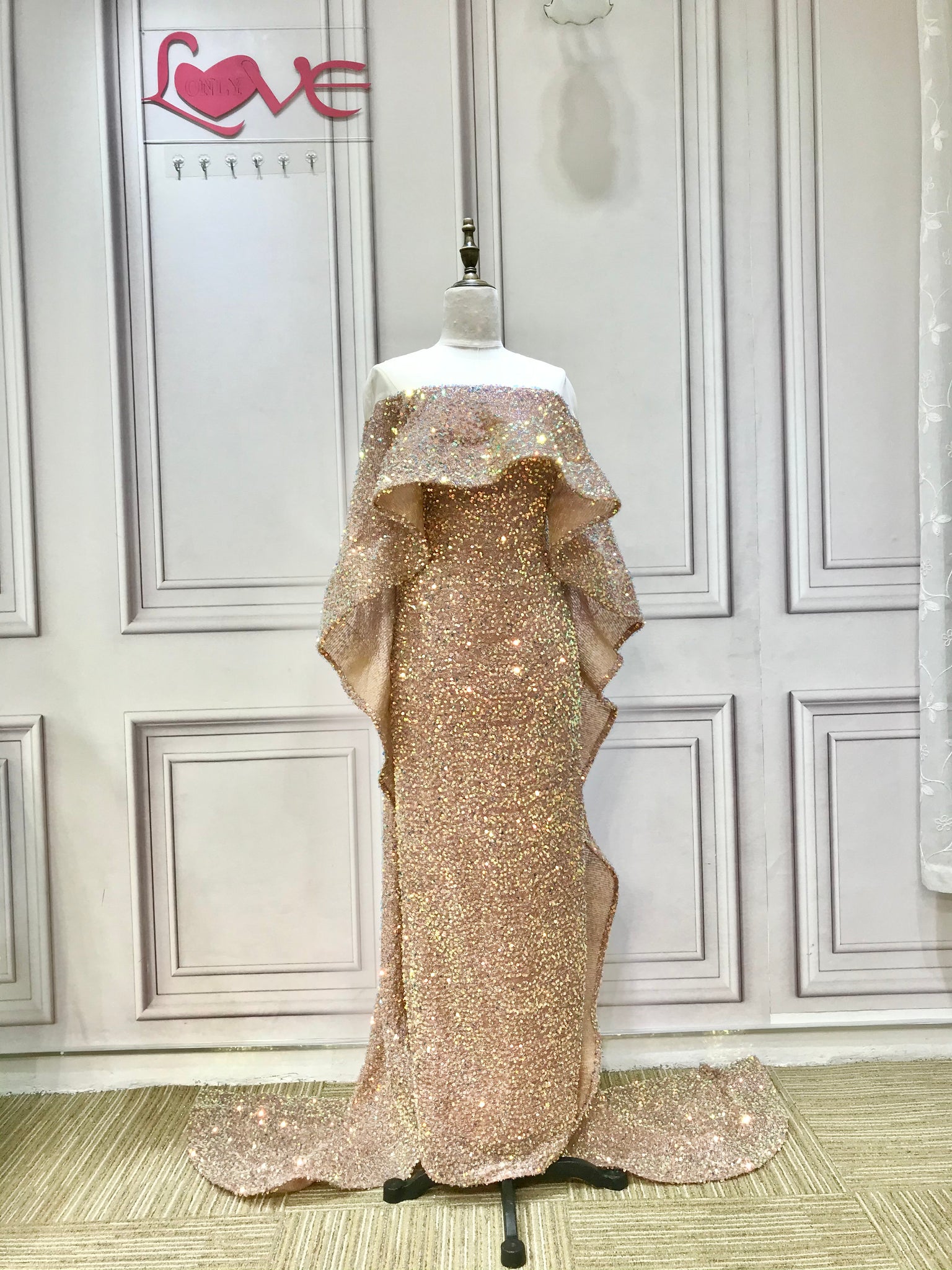 Rose gold sequins cape prom dress 2024,cape sleeves prom dresses for M Anna's Couture Dresses Rose gold sequins cape prom dress 2024,cape sleeves prom dresses for M Anna's Couture Dresses
