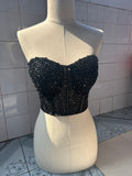 Sexy black pearls crystals beaded sheer tulle corset bustier top