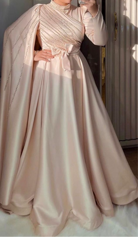 Blush pink champagne gold matte satin long sleeves prom maxi dress with beaded top,graduation dress muslim fashion 2026