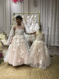 Blush sandy color fairytale 3D florals lace appliqués little baby toddlers flower girl dresses in long sleeves