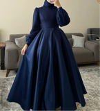 Matte satin tea length burgundy emerald green beige black navy long sleeves a line tulle prom maxi dress muslim fashion 2024