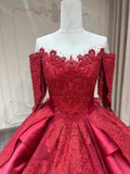 Off shoulder burgundy red lace appliqués rhinestones crystals sequins beaded wedding ball gown prom dress with match burgundy lace veil 2024