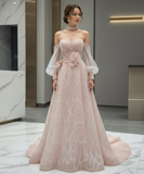 Luxurious glitter blush pink light blue prom birthday graduation dresses with detachable sleeves personalized 2025 Autumn