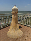 Chic and trendy off shoulder mermaid wedding dress,crystals rhinestones pearls beaded,champagne gold color,custom made