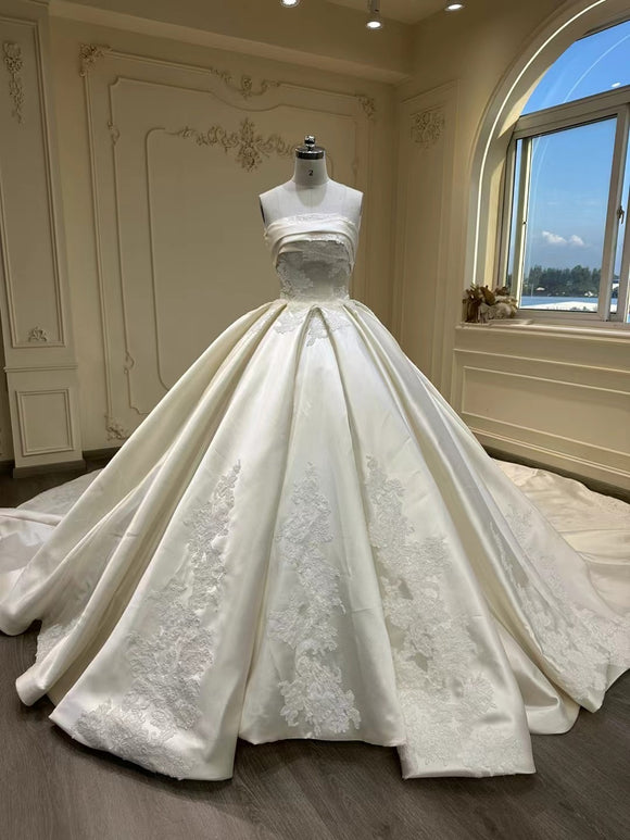 Off shoulder matte satin alencon lace embellishments ball gown couture wedding dress 2024