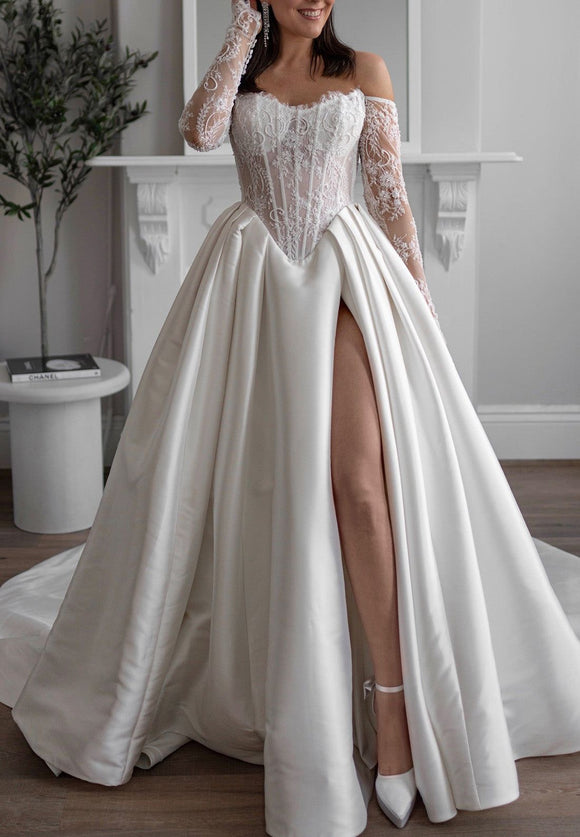 Anna customized off shoulder sheer corset top with lace and slit  ball gown skirt wedding dresses 2025