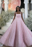 Elegant light pink puffy skirt princess prom dress ,baby pink pearls beaded luxurious prom dress 2026