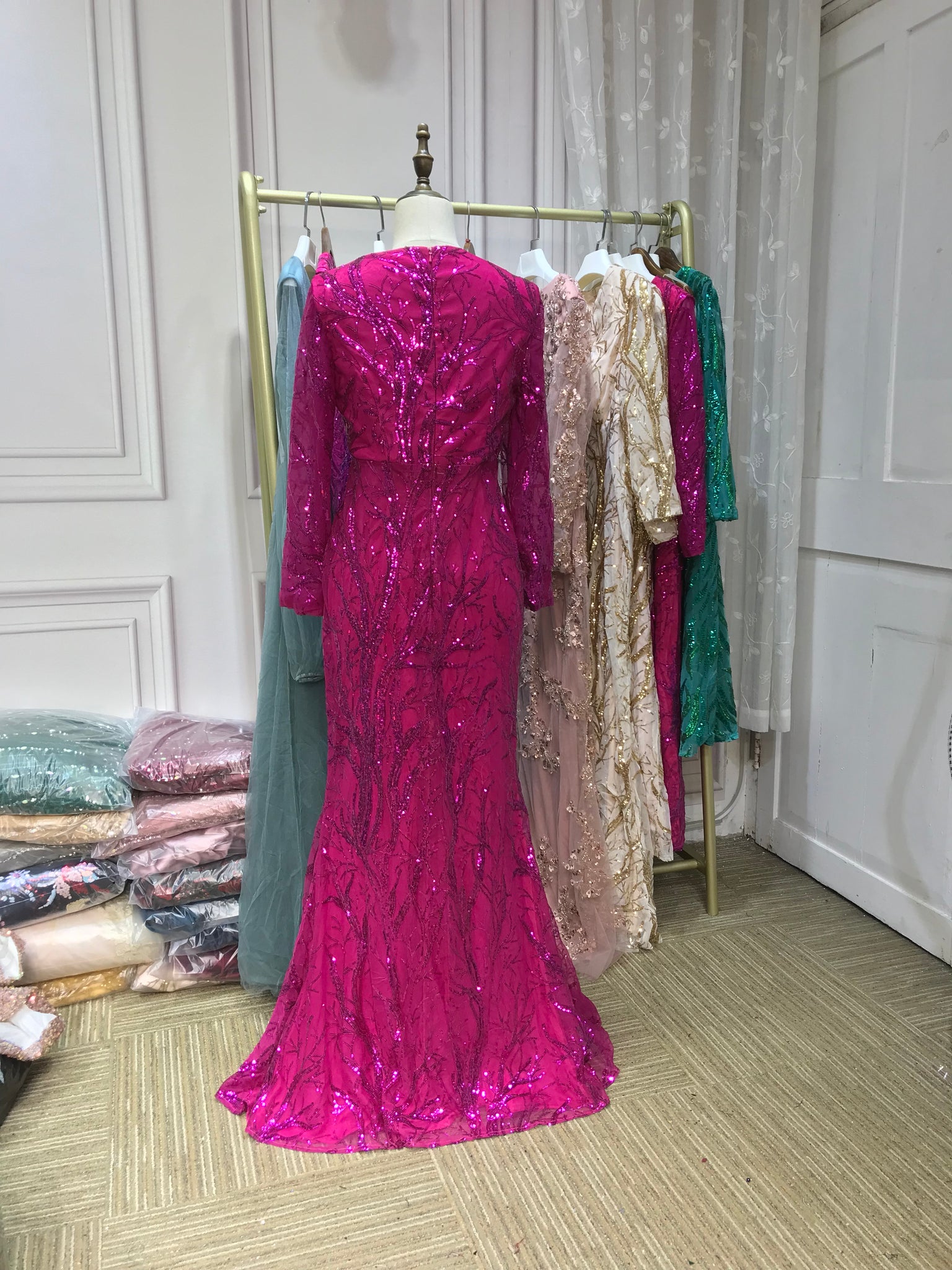 Hot pink sequins round neck long sleeves full length mermaid fit and f Anna's Couture Dresses Hot pink sequins round neck long sleeves full length mermaid fit and f Anna's Couture Dresses