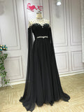 Muslim girls long cape sleeves dress,black chiffon prom dresses with sliver rhinestones beaded,black prom dress 2024