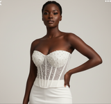 Sexy black pearls crystals beaded sheer tulle corset bustier top